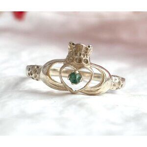 Irish Made Claddagh Green Gemstone Sterling Silver 925 Vintage Ring - sz 7.5